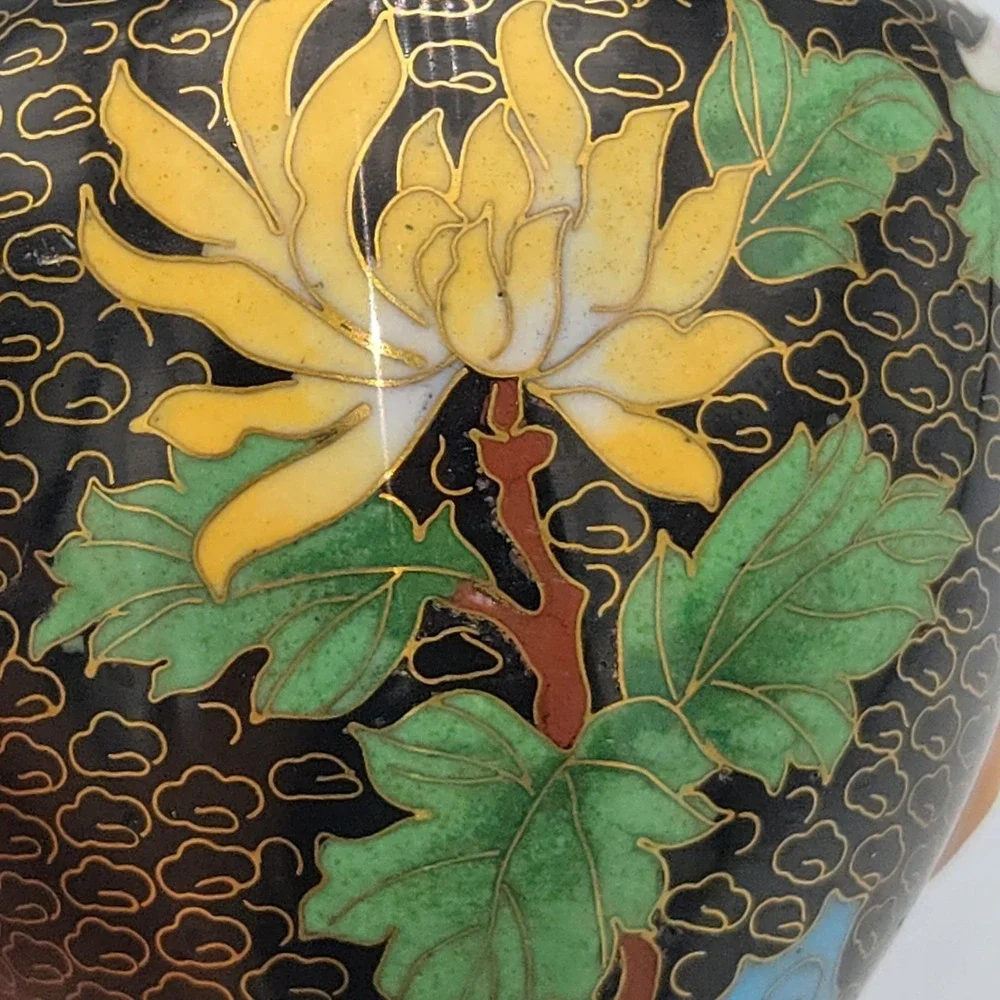 Chinese Cloisonne Bud‎ Vase Black Pink Floral Clouds Enamel Brass MCM 6.25